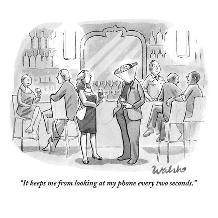 A black and white cartoon illustration of a group of people in a bar or restaurant. There are six people in the image three men and three women sitting at a table with wine glasses in front of them. The man in the center is wearing a suit and a hat with a face mask covering his eyes. He is holding a glass of wine and appears to be explaining something to the woman on the left side of the table. The other three people are sitting on chairs around the table and there are bottles of wine on the shelves in the background. The text above the image reads "It keeps me from looking at my phone every two seconds."