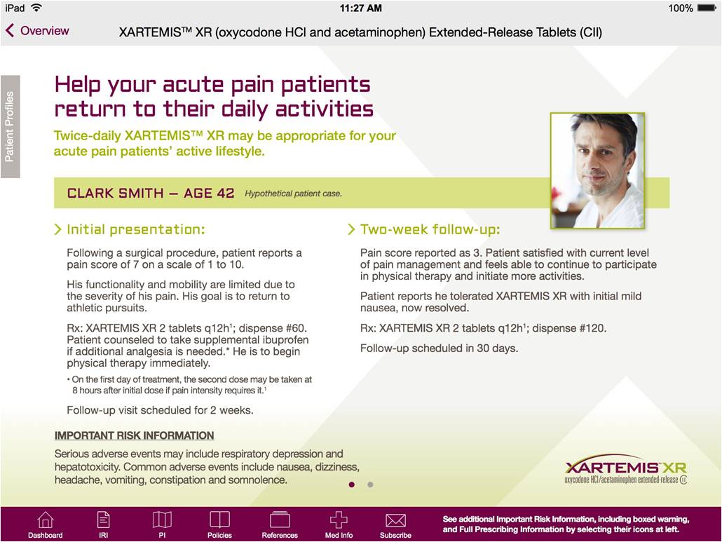 A screenshot of a webpage from the XARTEMIS XR website. The webpage is titled "Help your acute pain patients return to their daily activities". The page has a white background with a blue header and footer. On the right side of the page there is a photo of a man with dark hair and a white shirt. He is looking directly at the camera with a serious expression on his face. <br /><br />Below the photo there are two bullet points that explain the purpose of the webpage. The first bullet point explains that the webpage is about the treatment of acute pain and provides information on how to help the patient's daily activities. The second bullet point mentions that the treatment is a two-week follow-up.<br /><br />At the bottom of the image there has a link to the website's main content page. The website's logo is also visible in the bottom right corner.