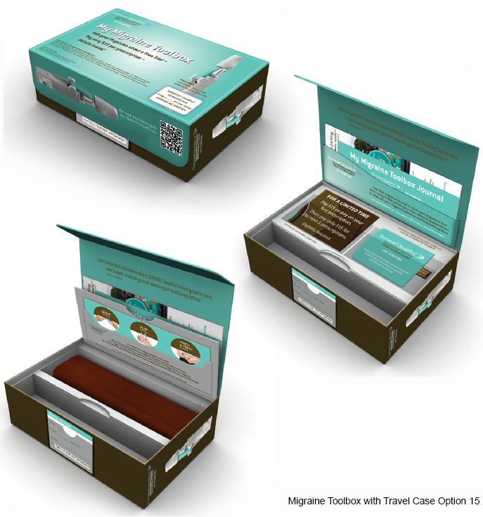 Three different views of a box with a travel case option. The box is rectangular in shape and has a green and brown color scheme. The top left corner of the box has a barcode and a QR code while the top right corner has a label that reads "Migraine Toolbox with Travel Case Option 15". The box appears to be open revealing the contents inside.<br /><br />The bottom left corner shows the inside of the travel case which is open to reveal a wooden tray with a brown handle. The tray has a white label on it which likely contains information about the product. The bottom right corner shows a close-up of the tray showing the contents of the case. The background is white and the box is placed on a flat surface.