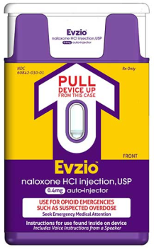 Of a purple and yellow box of Evzio Naloxone HCI Injection USP. The box is rectangular in shape and has a white label on the front. The label has the name "Evzio" written in bold black letters at the top followed by the text "Pull Device Up" in smaller black letters. Below that there is a description of the product which states that it is 0.4mg auto-injector and uses for opioid emergencies such as suspected overdose.