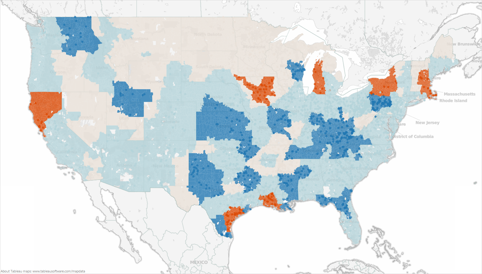 A map of the United States. Small areas possibly counties are filled in with a color on a gradient from dark red to dark blue. There is no key indicating what the colors represent. A footer indicates that the map was made in Tableau.