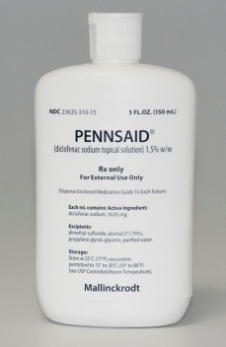 Of a white plastic bottle with a white cap. The bottle is labeled with the brand name "PENNSAID" in bold black letters at the top. Below that there is a description of the product which states that it is a side-defense sodium topical solution with 1.5% w/w. The label also mentions that the product is for external use only and that it contains active ingredient. At the bottom of the label it says "Mallinckrodt" in smaller black letters.