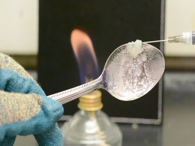 A person's hand wearing a blue glove holding a silver spoon with a small amount of a white substance likely heroin or another drug on it. There is a syringe inserted into the substance. The background is blurred but it appears to be a laboratory setting with a lit Bunsen burner. The person is likely conducting a scientific experiment or research.