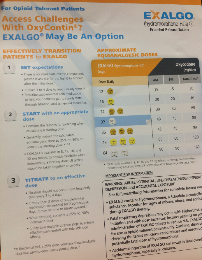 An imperfectly framed photograph of a print advertisement for Exalgo a medication used to treat opioid tolerant patients with the tagline "Access Challenges with OxyContin? Exalgo may be an option." It has a white background with text in blue orange and black.<br /><br />The text explains how to effectively transition patients to Exalgo via a 3 step process : Set expectations Start with an appropriate dose and Titrate to an effective dose. It also includes a table showing approximate equianalgesic doses between Exalgo and oxycodone plus Important Risk Information (in a boxed warning).