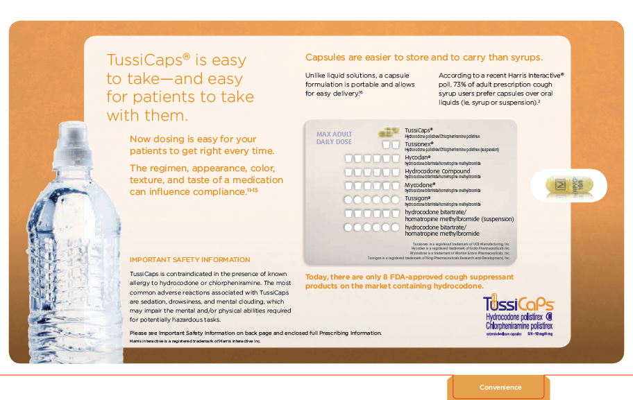 An advertisement for TussiCaps a medication that is easy to take and easy for patients to take with them. The advertisement features a picture of a water bottle on the left side and a list of capsules on the right side. The capsules are easy to store and carry than syrups. <br /><br />The text on the advertisement explains that TussiCaps is an easy-to-use medication that can be used to treat patients with pain and discomfort. The list includes information about the product such as its benefits dosage and instructions on how to use it. The bottle has a white cap and a blue label.<br /><br />At the bottom of the advertisement there is a brief description of the product and its benefits. The company's logo is also visible in the bottom right corner.