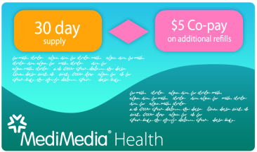 An advertisement for MediMedia Health a company that offers 30 day supply and $5 co-pay on additional refills. The background of the image is a gradient of blue and green with the company's logo in the bottom left corner. On the top left corner there is an orange rectangle with the text "30 day supply" written in white. Below the rectangle there are two pink squares one with the words "$5 Co-pay" and the other with the word "additional refills" written on it. The overall design of the advertisement is modern and minimalistic.