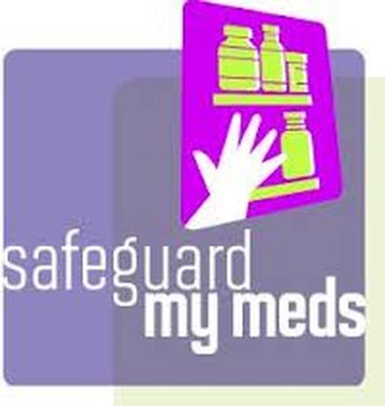 A logo for a company called "safeguard my mess". The logo is rectangular in shape and has a purple background. On the right side of the logo there is a pink square with a white hand reaching out towards it. Inside the square there are three green bottles of medicine stacked on top of each other. The bottles are arranged in a pyramid-like shape. Below the hand the company's name is written in white text. The overall design is simple and minimalist.