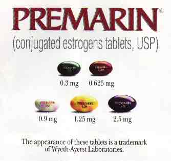 An advertisement for Premarin (conjugated estrogen tablets USP) tablets. It has a white background with the brand name "Premarin" written in red at the top. Below the name there is a list of the tablets in different colors - black red green yellow and purple. The tablets are arranged in a grid-like pattern with each tablet having a different color and size. .<br /><br />At the bottom of the image it says "The appearance of these tablets is a trademark of Wyeth-Ayerst Laboratories."