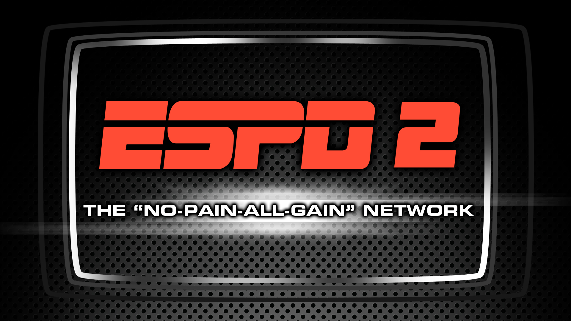 A logo for ESPN 2 a sports network. The logo is in the center of the image with the word "ESPN 2" written in bold red letters in a modern sans-serif font. The words "The "No-Pain-All-Gain" network" is written in smaller white letters below. The background is black with a perforated pattern giving the logo a sleek and modern look. The overall design is simple and minimalistic.