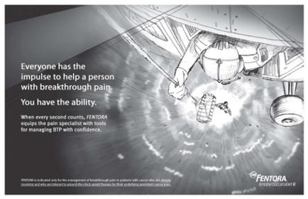 A black and white illustration of a person in a space station. The person is wearing a helmet and is holding a tool in their hand. They appear to be working on a piece of equipment possibly a parachute or a parachute. The background is a cloudy sky with a few clouds. The image is accompanied by text that reads "Everyone has the impulse to help a person with breakthrough pain. You have the ability. When every second counts mentor equips the pain specialist with tools for managing BTP with confidence."