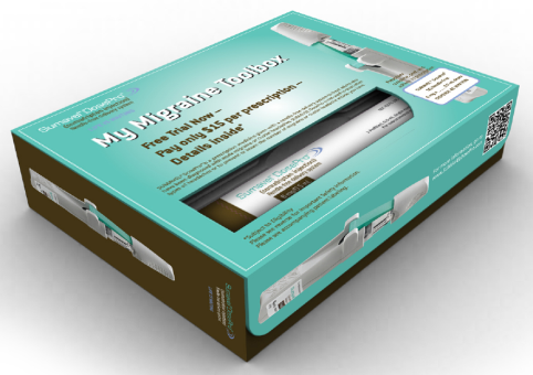 Of a box of My Migraine Toolbox. The box is rectangular in shape and has a green and brown color scheme. The front of the box has a white label with= "My Migraine" written in bold black letters. Below the label there is an image of a toothbrush with a white handle and a silver blade. The toothbrush is shown in a close-up view with the bristles facing towards the right side of the image. The label also has a barcode and a QR code on the bottom right corner. The background of the label is white and the box appears to be made of cardboard.