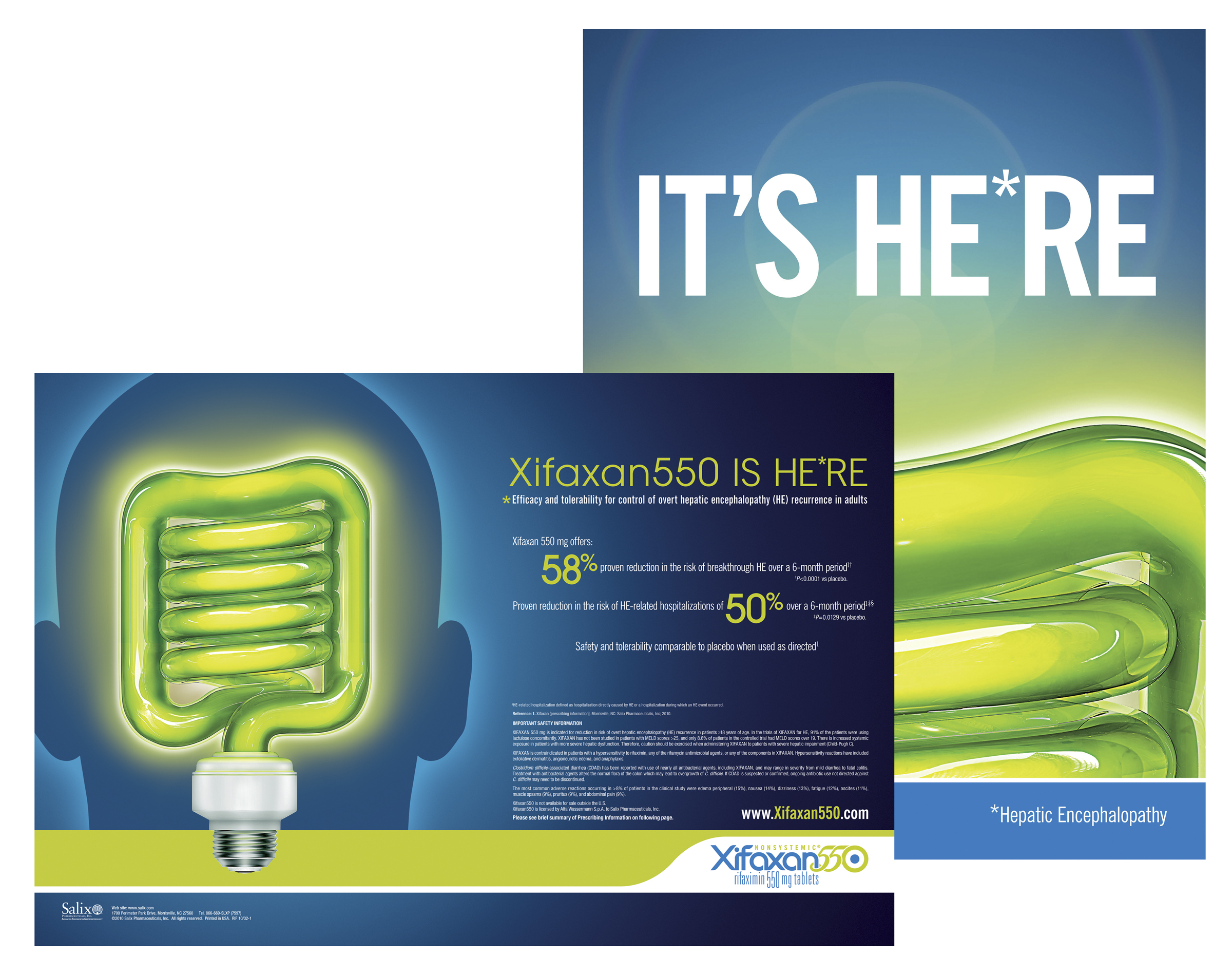 A brochure or flyer design for a drug called Xifaxan550. The background of the brochure is blue and the text is in white. On the left side of the image there is an illustration of a green light bulb with a blue background. The light bulb is in the shape of a spiral and has a white base. The text on the right side reads "It's here" in bold capital letters. Below the light bulb there are two smaller text boxes with the company's logo and contact information. The first box has the company name "Xifaxan550" in white letters while the second box has a description of the company and its services.<br /><br />The overall design is modern and eye-catching with a clean and professional look.