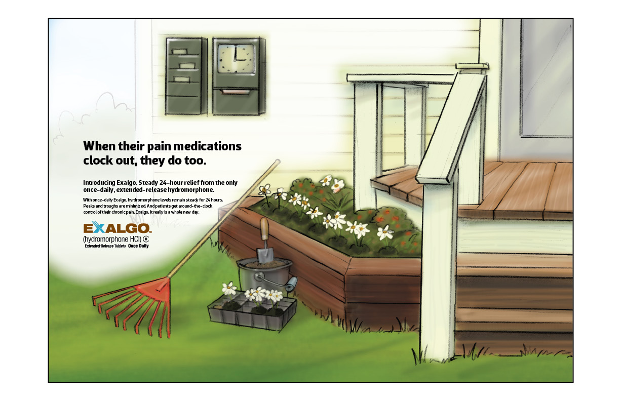 An illustration of a house with a garden in front of it. The garden is filled with colorful flowers and plants and there is a wooden planter box on the right side of the image. On the left side there are two red garden rakes and a watering can. The house has a white door and a window on the wall. The text on the image reads "When their pain medications clock out they do too."