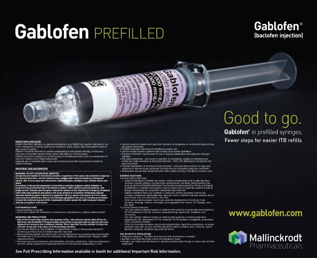 An advertisement for a Gablofen Prefilled injection. The advertisement features a syringe with a pink label that reads "Good to go." The syringe is filled with a clear liquid and has a needle at the end. The label also has a barcode and the website "www.gablofen.com" and "Mallinckrodt Pharmaceuticals" at the bottom. The background of the advertisement is black.