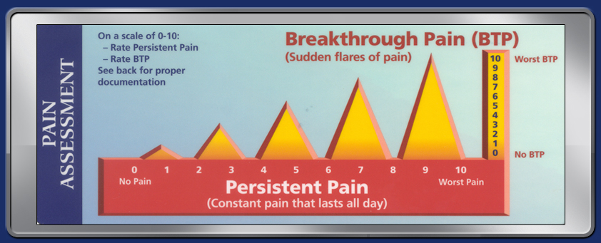 A bar graph that shows the relationship between breakthrough pain (BTP) and persistent pain. The x-axis of the graph is labeled "Persistent Pain" and the y-axis is labeled as "Constant pain that lasts all day". The graph shows that on a scale of 0-10 the rate of persistent pain is higher than the rest of the pain.<br /><br />There are three bars in the graph each representing a different period of time. The first bar is labeled with the number of patients who have been diagnosed with BTP the second bar is colored orange and the third bar is yellow. The bars are arranged in a vertical line with the highest bar at the top and the lowest at the bottom. The highest bar represents the lowest pain while the lowest bars represent the worst pain. <br /><br />The graph also has a label on the left side that reads "Pain Assessment" and on the right side there is a text that explains that the data is based on the data. The text also mentions that there are no BTP (Batteries and Batteries) in the chart.