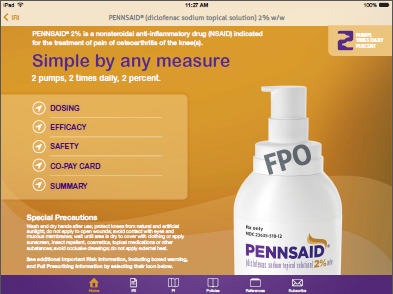 An advertisement for Pennsaid a medication used to treat pain and inflammation. The advertisement is displayed on an iPad screen. The background of the screen is orange and the text is in white. On the right side of the image there is a white bottle of the medication with the brand name "Pennsaid" written on it. The bottle has a pump dispenser on top and the label reads "Simple by any measure". Below the label there are bullet points that explain the medication's purpose: "Dosing" "Efficiency" "Safety" "Co-Pay Card" and "Summary". <br /><br />At the top of the advertisement it states that the medication is a non-inflammatory anti-inflammatory drug (NSAID) and that it is suitable for the treatment of pain inflammation and pain of the knee. <br /><br />The overall design of the ad is simple and modern with a clean and minimalistic layout.