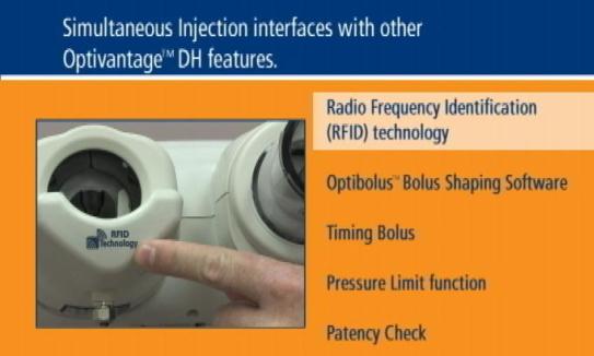 A close-up of a medical device specifically a radio frequency identification (RFID) technology. The device is white in color and has a circular opening on the left side. On the right side of the image there is text that reads "Simultaneous injection interfaces with other Optivantage™ DH features." Below the text there are three options: "Radio Frequency Identification" "Optibolus Bolus Shaping Software" "Timing Bolus" and "Pressure Limit function". The image also has a hand pointing to one of the options. The background is orange and the text is in black.