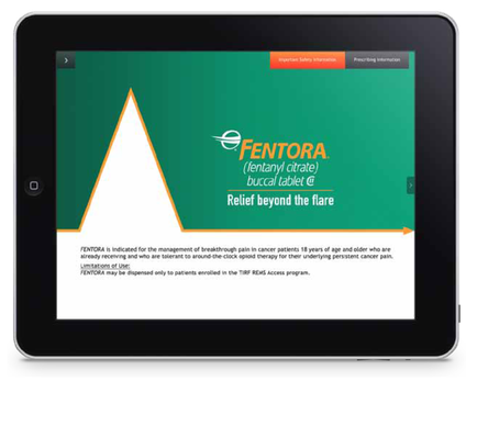 A screenshot of an iPad screen displaying the mentor (fentanyl citrate) buccal tablet. The tablet has a green background with a white triangle in the center. The triangle is divided into three sections. The top section has the company's logo and the text "Relief beyond the flare" in white text. Below the logo there is a brief description of the tablet's features which states that it is an indicator for the management of breakthrough pain in cancer patients 18 years of age and older who are already receiving treatment for the treatment. The text also mentions that the tablet may be dispensed only to patients enrolled in the tire arms Access program.