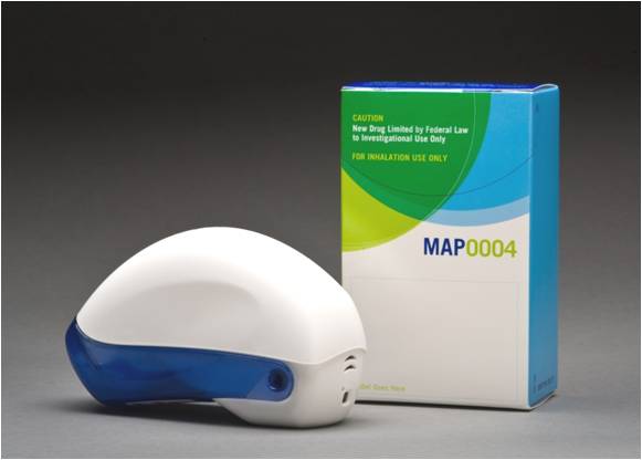 A white and blue device which appears to be a medical device next to a blue box with the text "MAP0004" on it. The device has a round shape with a curved top and a small opening at the bottom. The box is rectangular in shape and has a green and blue design on the front. The text on the box reads "Caution: New Drug Limited by Federal Law for Intensive Use Only". The background is plain white.