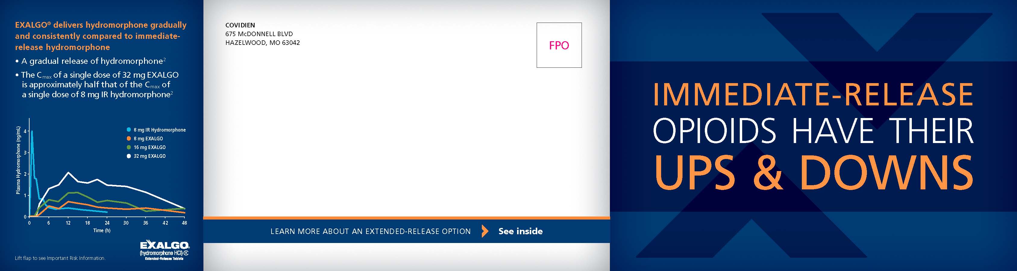 A cover page of a book titled "Immediate-Release Opioids Have Their UPS & Downs". The cover page is divided into two sections. On the left side there is a blue background with white text. The title of the book is written in bold letters at the top followed by the author's name in smaller font. Below the title there are two graphs one in orange and the other in blue. The graph on the left shows a line graph with different colors representing different levels of opioids while the graph in the middle shows a downward trend. The text on the right side of the page reads "IMMEDIATE-RELEASE OPIOIDS HAVE THEIR UPS & DOWNS" in white letters. At the bottom of the cover page it says "Learn more about an extended-release option" and "See inside".