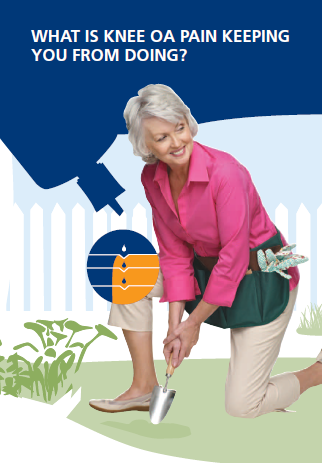 An elderly woman kneeling on the ground with a shovel in her hand. She is wearing a pink shirt and beige pants and has a green bag slung over her shoulder. She appears to be in a garden or a park as there are plants and a white picket fence in the background. The image is accompanied by text that reads "What is knee pain keeping you from doing?"