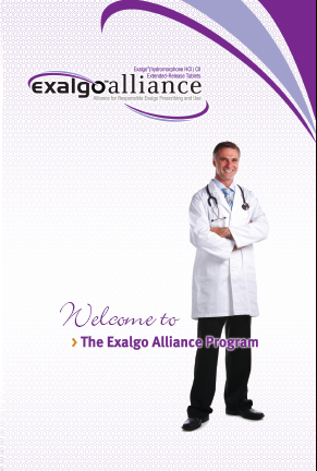 A cover page of a brochure or flyer for the Exalgo Alliance program. It features a photo of a man wearing a white lab coat and a stethoscope around his neck. He is standing with his arms crossed and smiling at the camera. The background is white with a purple wave-like design on the top left corner. Below the photo there is text that reads "Welcome to the Exalgo Alliance Program" in a bold sans-serif font. The overall design is modern and professional.