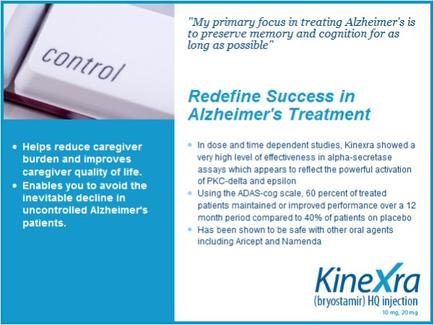 A slide from a presentation about Kinexra (Bryostamin) H2O injection. The slide has a blue background with white text. On the left side of the slide there is a close-up of a white control button with the word "control" written on it. The text on the slide explains that the treatment is to preserve memory and cognition for as long as possible. On the right side there are three bullet points that explain the benefits of the treatment. The first bullet point explains that helps reduce caregiver burden and improves caregiver quality of life. The second bullet point mentions that in dose and time dependent studies Kinexa showed a very high level of effectiveness in alpha-secrets assay which appears to reflect the powerful activation of PKC-delta and epsilon. The third bullet point discusses using the adds-cog scale 60 percent of treated patients maintained or improved performance over a 12 month period compared to 40% of patients on placebo. The slide also mentions that KineXra has been shown to be safe with other oral agents including accept and named.