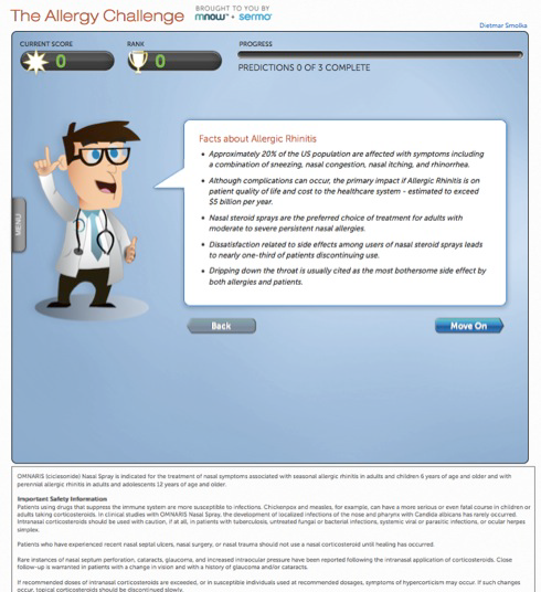 A screenshot of a website called "The Allergy Challenge". The website has a blue background with a cartoon character on the left side. The character is wearing a white lab coat and glasses and is holding a stethoscope around his neck. On the right side of the image there is a text box with the title "Facts about Allergic Rhinitis". Below the text box there are two buttons - "Back" and "Move On". <br /><br />At the top of the page there has a navigation bar with various options such as "Current Score" and "Results". There is also a button that says "Predictions of 3 Complete". The overall design of the website is simple and cartoon-like.