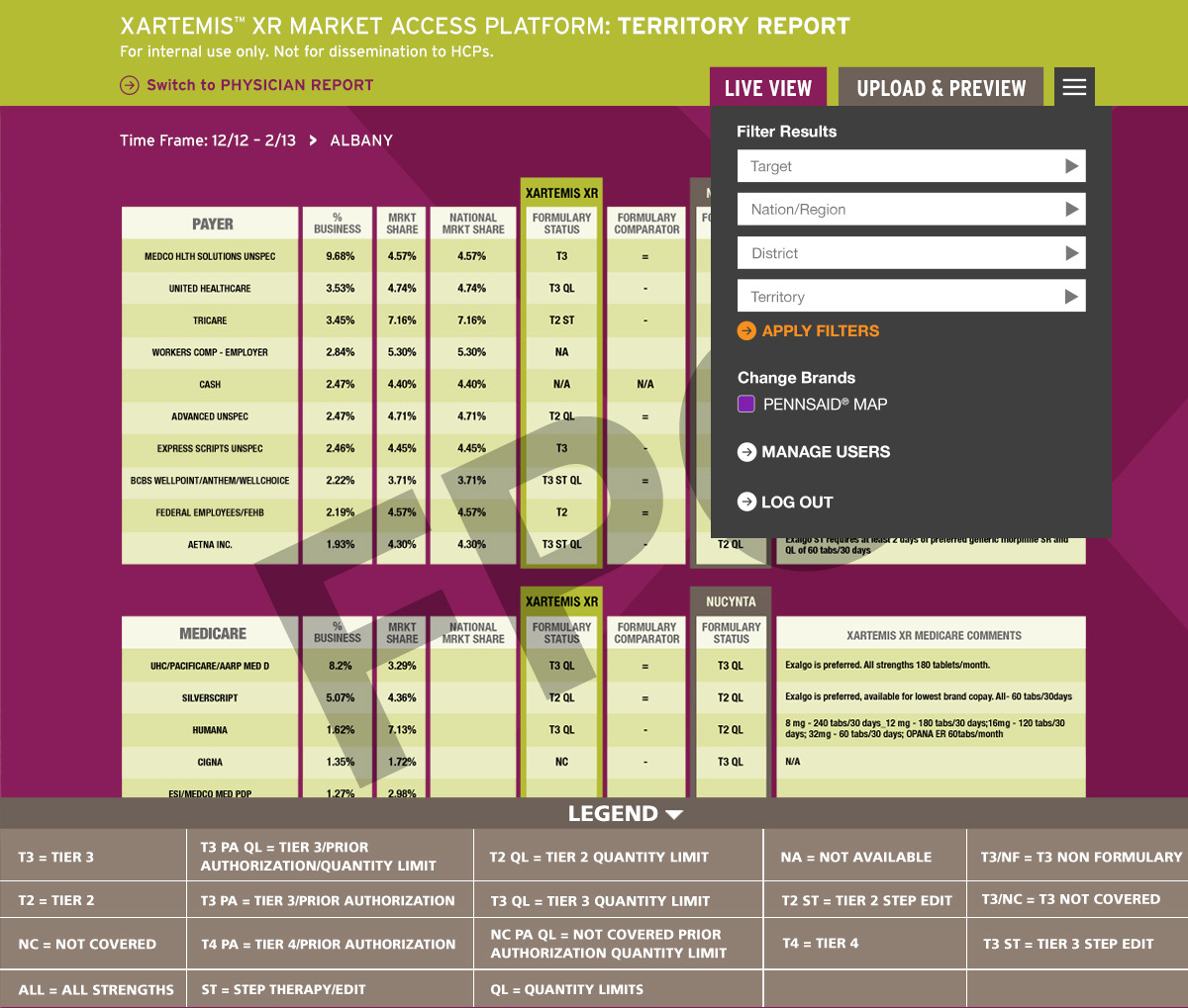 A screenshot of the Xartemis XR Market Access Platform Territory Report. It is a report that provides information about the XARTEMIS XR market access platform. The report is divided into three sections.<br /><br />The first section is titled "Time Frame" and shows the time frame for the report. It has a table with three columns - "Payer" "Medicare" and "Legend". The table has three rows and three columns. The first row has three columns each representing a different time frame. The second row has four columns the third row has six columns and the fourth row has eight columns. <br /><br />At the top of the report there is a title that reads "XARTEMISM XR MARKET ACCESS PLATFORM: TERRITORY REPORT". Below the title there are two buttons - "Live View" and "Upload & Preview". The first button is "Upload" and the second button is for uploading and preview the report to the website. The third button is labeled "Apply Filters".<br /><br />There is also a "Change Brands" button and a "Manage Users" button on the right side of the screen. The fourth button is highlighted indicating that the report is ready to be uploaded and viewed. The fifth button is blank and there is an "Log Out" button at the bottom of the page.