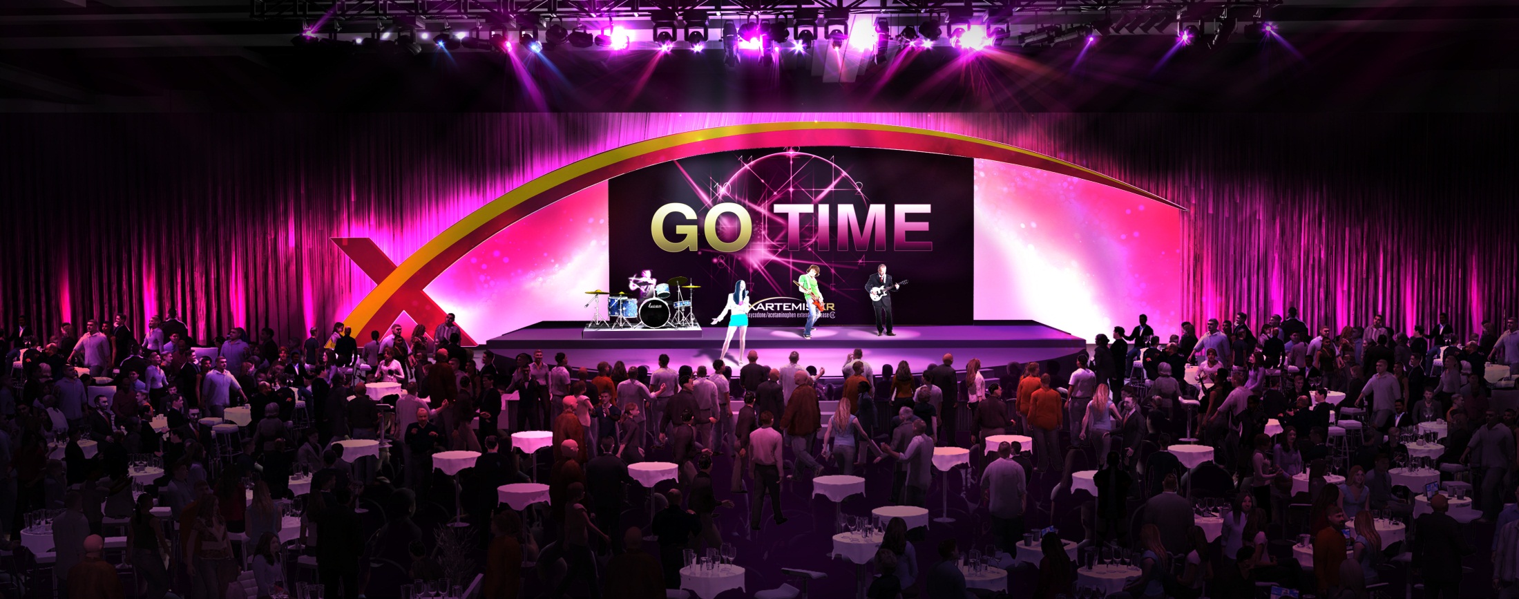 A large stage set up for a concert or event. The stage is decorated with a large pink and purple banner that reads "GO TIME" in bold white letters. On the stage there are three musicians playing their instruments - a saxophone a trumpet and a drum set. The musicians are dressed in colorful outfits and are standing in front of a large crowd of people who are seated at tables with white tablecloths. The audience is seated in rows of chairs facing the stage. The overall atmosphere of the image is lively and energetic.