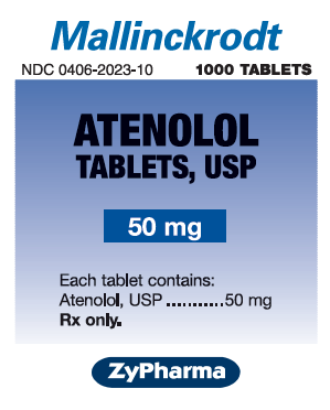 A label for Mallinckrodt a medication used in the United States. The label is rectangular in shape and has a blue background with white text. The text reads "Mallinckrodt" at the top followed by "NDC 0406-2023-10" and "1000 Tablets". Below the text there is a description of the medication which states that it contains 50 mg of Atenolol USP and 50 mg Rx only. At the bottom of the label there are two logos one for ZyPharma and the other for the company.