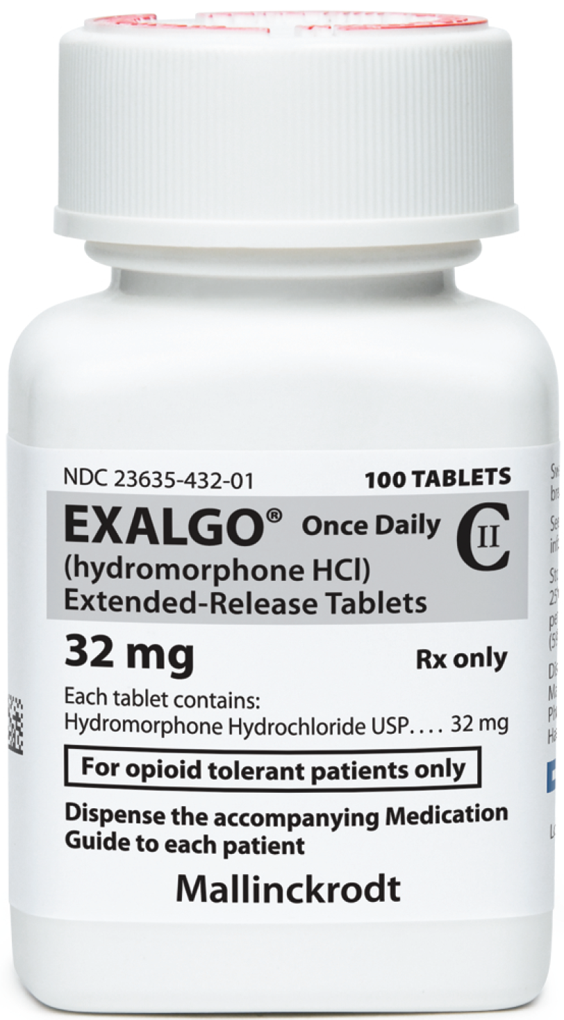 A photograph of a white medicine bottle with a red cap. The bottle is labeled "Exalgo Once Daily (Hydromorphone HCI) Extended-Release Tablets" and has a label that reads "32 mg Rx only". The label also mentions that the bottle contains 32 mg for opioid tolerant patients only. There is also a label on the bottle that says "Dispense the accompanying medication guide to each patient" and "Mallinckrodt". The bottle appears to be made of plastic and is standing upright on a white background.