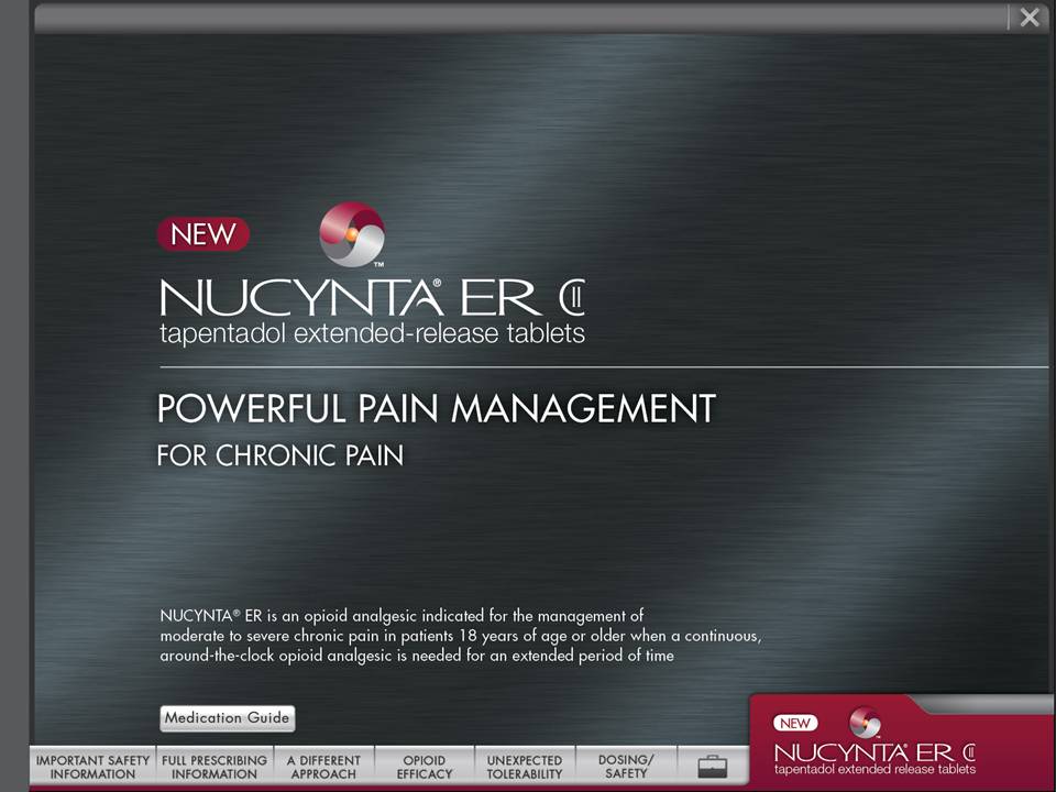 A screenshot of the homepage of a website called "NUCYNTA ER C Tapentadol Extended-release Tablets". The website has a black background with white text. The title of the website is written in large bold font at the top of the page. Below the title there is a subtitle that reads "Powerful Pain Management for Chronic Pain". <br /><br />At the bottom of the image there are two buttons - "New" and "Medication Guide" for the user to navigate through the website<br /><br />On the right side of the screen there has a red and white logo of the company which is a stylized letter "N" with a red circle in the center. The logo is surrounded by a white border. At the bottom right corner of the screenshot there appears to be a navigation bar with various options such as "Home" "About" "Settings" and "About Us".