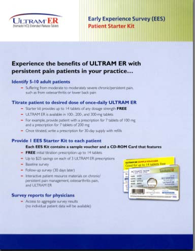 An advertisement for the Early Experience Survey (EES) Patient Starter Kit. The background is white and the text is in black. The title of the kit is "Experience the benefits of ULTRAM ER with persistent pain patients in your practice...". Below the title there is a description of the product which states that it is a titrate patient to desired dose of once-daily ULTRAM ER. <br /><br />On the right side of the image there are two images - one is a CD-ROM card and the other is a survey report for physicians. The card is white with a blue border and has a blue and yellow logo on the top left corner. The text is written in a clear and concise manner.