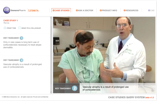 A screenshot of a webpage from the GeneralPharm Levarta website. It shows a doctor and a patient in a medical office. The doctor is wearing a white lab coat and is standing next to the patient who is sitting in a chair. The patient is wearing green scrubs and is looking at the doctor with a concerned expression. The text on the page reads "Case Study 1: Key Takeaway" and "Vascular atrophy is a result of prolonged use of corticosteroids". Below the doctor there is a description of the case study and a link to a case study query system.