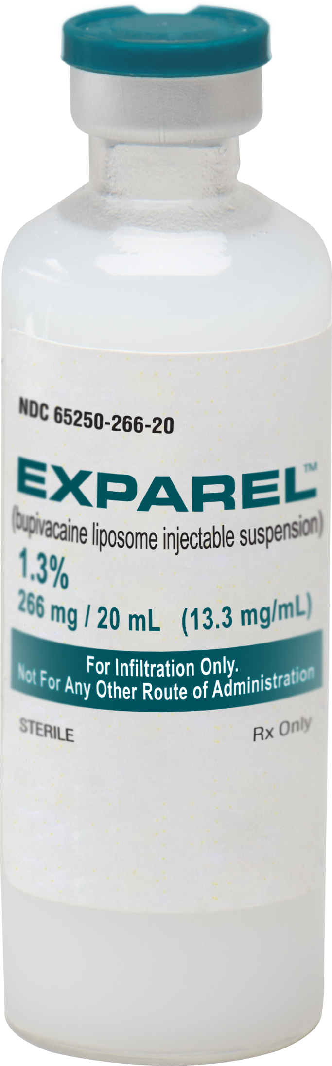 Of a white vial with a blue lid. The vial is labeled with "EXPAREL" and  Liposome Injectable Suspension". The label also mentions that the vial contains 1.3% of the product which is 266 mg/20 ml (13.3 mg/mL). There is also a note on the label that reads "Not For Any Other Route of Administration" and "Rx Only".