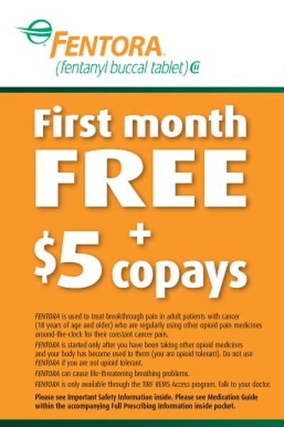 An advertisement for mentor (Fentanyl buccal tablet) with the text "First month FREE $5 + copay's". The background of the image is orange and the text is in white. The text is written in a bold sans-serif font and is centered on the image. Below the text there is a smaller text that reads "mentor is used to treat breakthrough pain in adult patients with cancer (18 years of age and older) who are regularly using other opioid pain medicines and your body is also affected by the ovid-19 pandemic. Do not use mentors can cause the treatment of the disease. Please see the information provided below the text. The advertisement also includes a medical guide with information about the medication and its benefits.