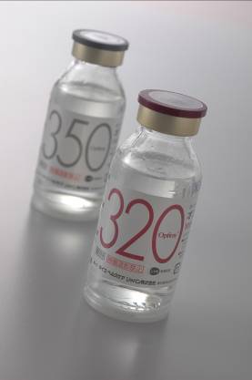 Two small glass vials with red caps. The vials are filled with a clear liquid and have the numbers "350" and "320" written on them in white. The numbers are written in a bold sans-serif font and are centered on the vials. The caps are also red and appear to be made of metal. The background is plain white.