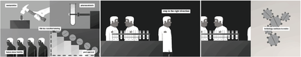 A collage of three panels. The first panel on the left shows a group of people standing in front of a laboratory bench with a microscope and other scientific equipment. The second panel in the middle shows a man in a lab coat and a woman in a white lab coat standing behind a fence. The third panel shows a robot with a speech bubble above its head. The text above the robot reads "Step in the right direction". The background is black and the overall color scheme of the image is gray and white.