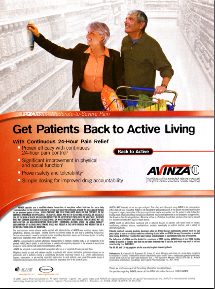 An advertisement for Avinza a company that provides back to active living products. The advertisement features a man and a woman standing in a grocery store aisle with the woman holding a shopping cart and the man holding a bottle of the product. They are both smiling and appear to be happy.<br /><br />The background of the advertisement is orange and there is text that reads "Get Patients Back to Active Living" in bold white letters. Below the text there is a brief description of the products which states that the product is "With Continuous 24-Hour Pain Relief" and "Back to Active". The company's logo is also visible in the bottom right corner. The overall design is modern and eye-catching with a focus on the couple and the products.