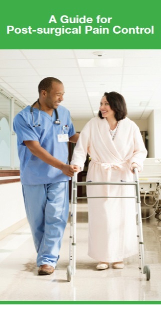 A nurse and a patient walking in a hospital corridor. The nurse is wearing blue scrubs and a stethoscope around his neck and is holding a walker. The patient is a woman wearing a white robe and is walking with the walker which is made of metal and has wheels. They are both smiling and appear to be engaged in a conversation. In the background there is a hospital bed and other medical equipment. The image is accompanied by text that reads "A Guide for Post-surgical Pain Control."