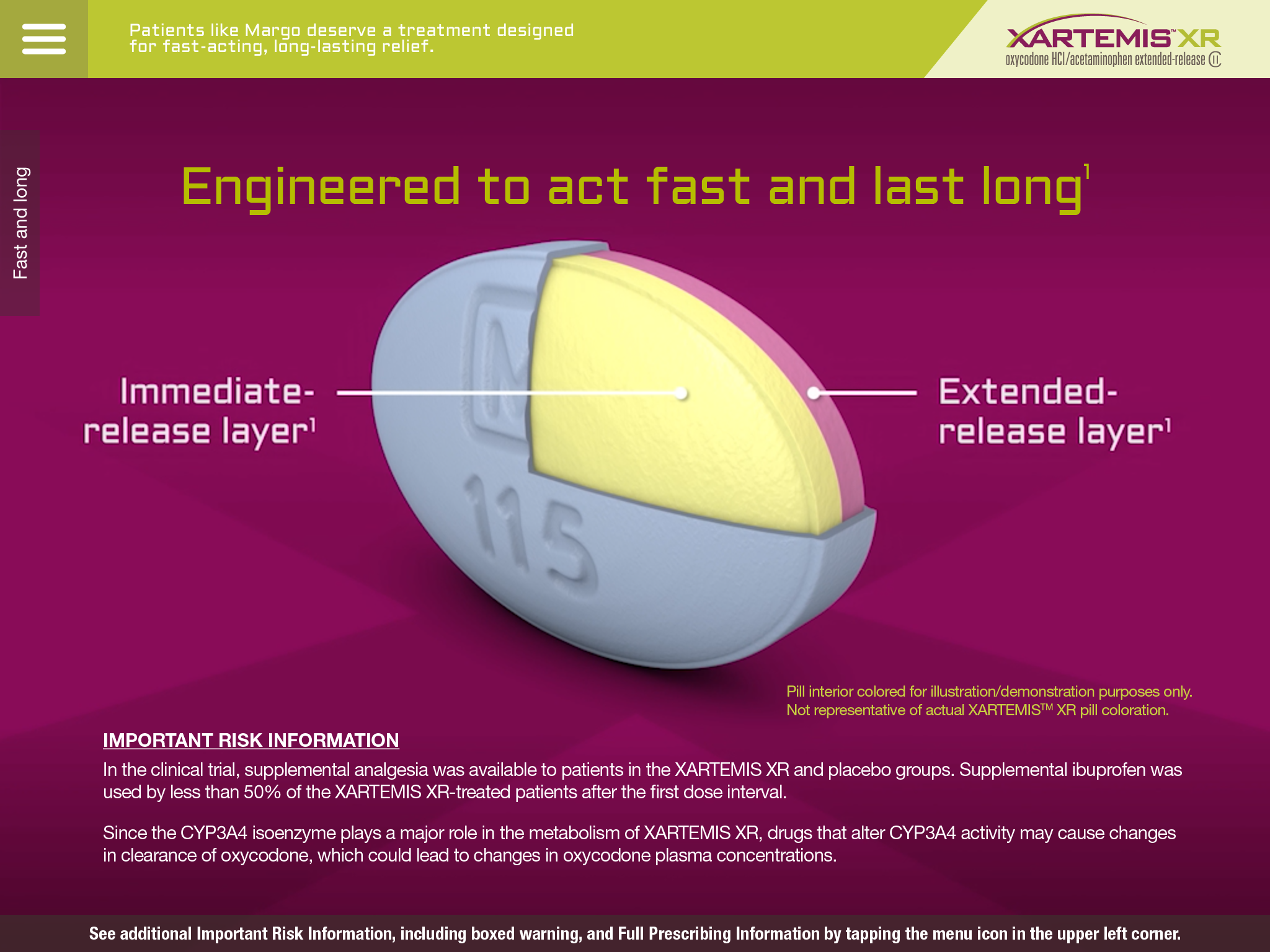 An infographic that explains the benefits of XARTEMIS XR. It has a pink background with a white pill in the center. The pill has the number 115 on it and is divided into three sections. <br /><br />The first section is labeled "Immediate-release layer" and has a yellow circle around it. The second section is titled "Extended-release layers" and is labeled as "Important Risk Information". The third section has a description of the product which states that the product is designed to act fast and last long.<br /><br />At the top of the infographic there is a yellow banner with the text "Patients like Mango deserve a treatment designed for fast-acting long-lasting relief." Below the banner there are two bullet points that explain the importance of the risk information. The first bullet point states that in the clinical trial the treatment was available to patients in the XARTEMS XR and placebo groups and the second bullet point mentions that the treatment may cause changes in the treatment.