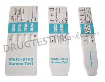 Three different types of multi-drug screen test strips. The strips are white in color and have a rectangular shape with rounded edges. Each strip has a blue label on the front with the words "Multi-Drug Screen Test" written in bold black letters. The labels also have various symbols and numbers on them. The background of the image is plain white.