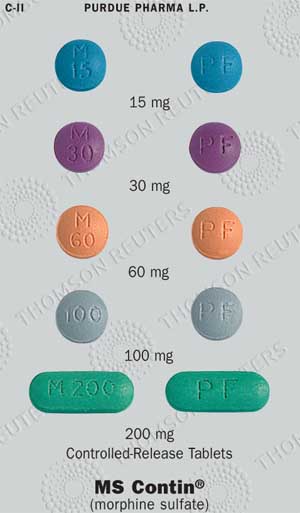 A blister pack of controlled-release tablets from Purdue Pharma L.P. The blister pack is white with a circular design on the top and bottom. There are nine tablets in total each with a different color - blue purple orange pink and green. Each tablet has a label on it that reads "MS Contin® (morphine sulfate)". The label also mentions that the tablets contain 200 mg of the medication.