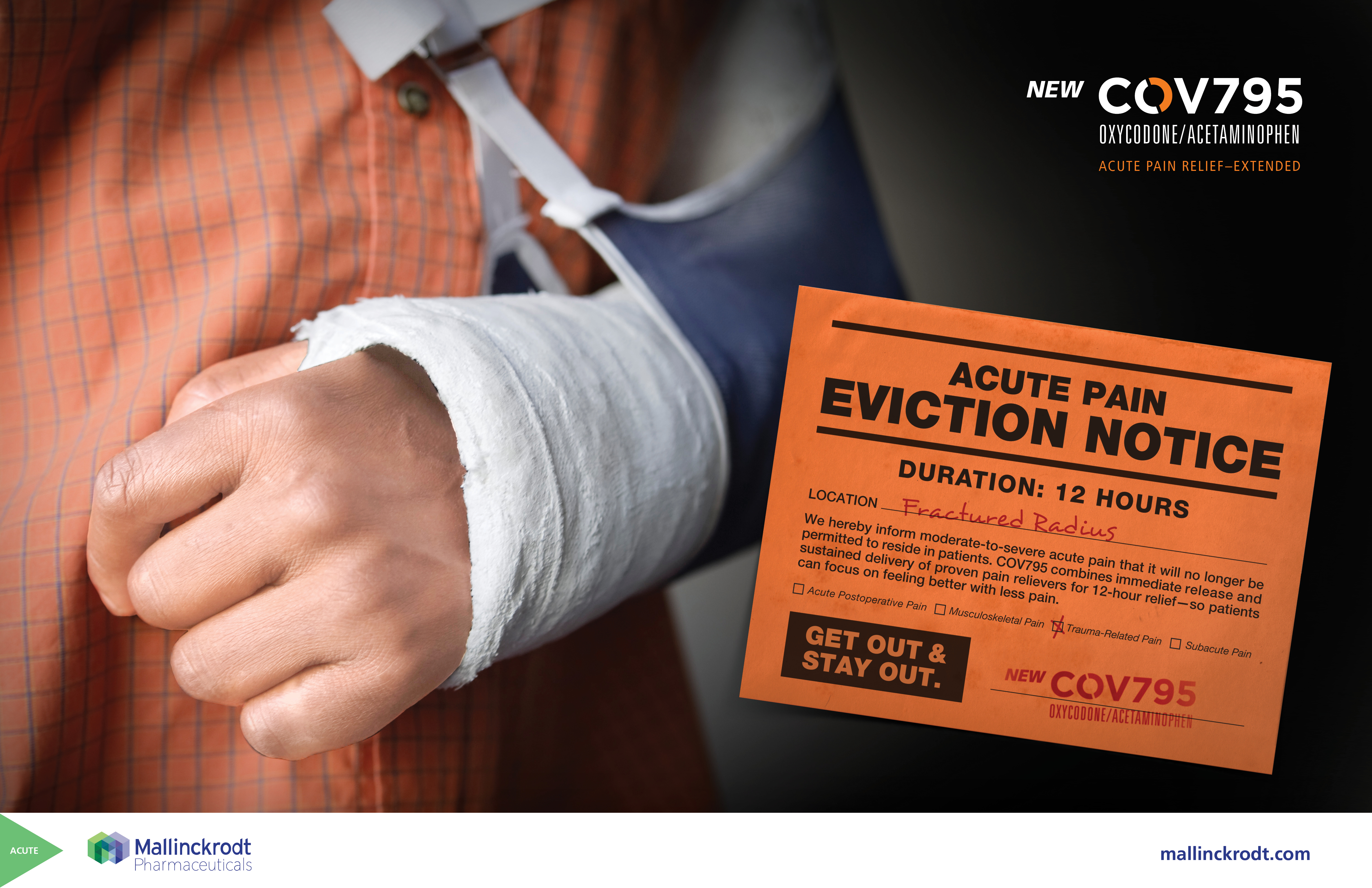 A close-up of a person's hand with a white bandage wrapped around their wrist. The bandage appears to be wound and the person is wearing a blue shirt. On the right side of the image there is an orange card with the text "ACUTE PAIN EVICTION NOTICE" and "DURATION: 12 HOURS". The card also has the words "GET OUT & STAY OUT" written on it. The background is black.