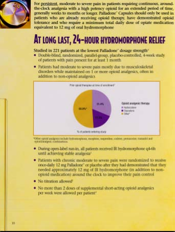 An advertisement for Palladone with the tagline "At Long Last 24-Hour Hydromorphone Relief". It has a yellow background with a purple title and black text. It includes an introductory section explanatory text (6 bullet points) and a pie chart.