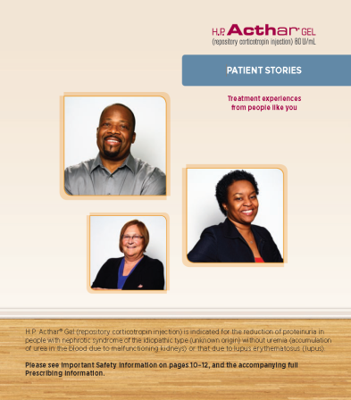 An advertisement for HP Acthar Gel. The advertisement features three headshots of three people. The man is on the left side of the image the woman is in the middle and the man on the right side. All three people are smiling and appear to be happy.<br /><br />At the top of the advertisement there is a blue banner with the company's logo and contact information. Below the banner there are three bullet points that explain the company and its services. The first bullet point reads "Patient Stories" and the second bullet point states that the company offers treatment experiences to people who like it. The third bullet point mentions that the treatment experience is related to the reduction of protein in the body and that it is important to ensure that the body is healthy and well-maintained. The fourth bullet point says "Please see important safety information on pages 10-12 and the accompanying full prescribing information."<br /><br />The advertisement also includes a brief description of the company which states that it provides information on the benefits of using the product and how it can help people with cancer.