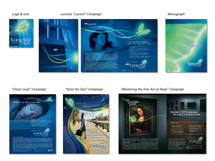 A collage of six different designs for a campaign called "Lunesta Launch Campaign". <br /><br />The first design on the top left is a logo and icon of the company's logo which is a blue and green wave-like design with the word "Luna" written in white text. The logo is a stylized image of a woman's face with a blue background and a green wave pattern. The second design is a monogram with a green and blue wave pattern and the company name "Monograph" written on it. The third design is an illustration of a person sleeping on a bed with their eyes closed and their head resting on a pillow. The fourth design is titled "Closer Look Campaign" and features a woman walking on a street with a cityscape in the background. The fifth design is labeled "Seize the Day Campaign". The sixth design is called "Master the Fine Art of Sleep" and has a photo of a painting of a man and a woman in a room with a view of a city skyline.<br /><br />All six designs are arranged in a grid-like pattern with each design having a different color scheme. The overall design is modern and eye-catching with a focus on the logo and the text.