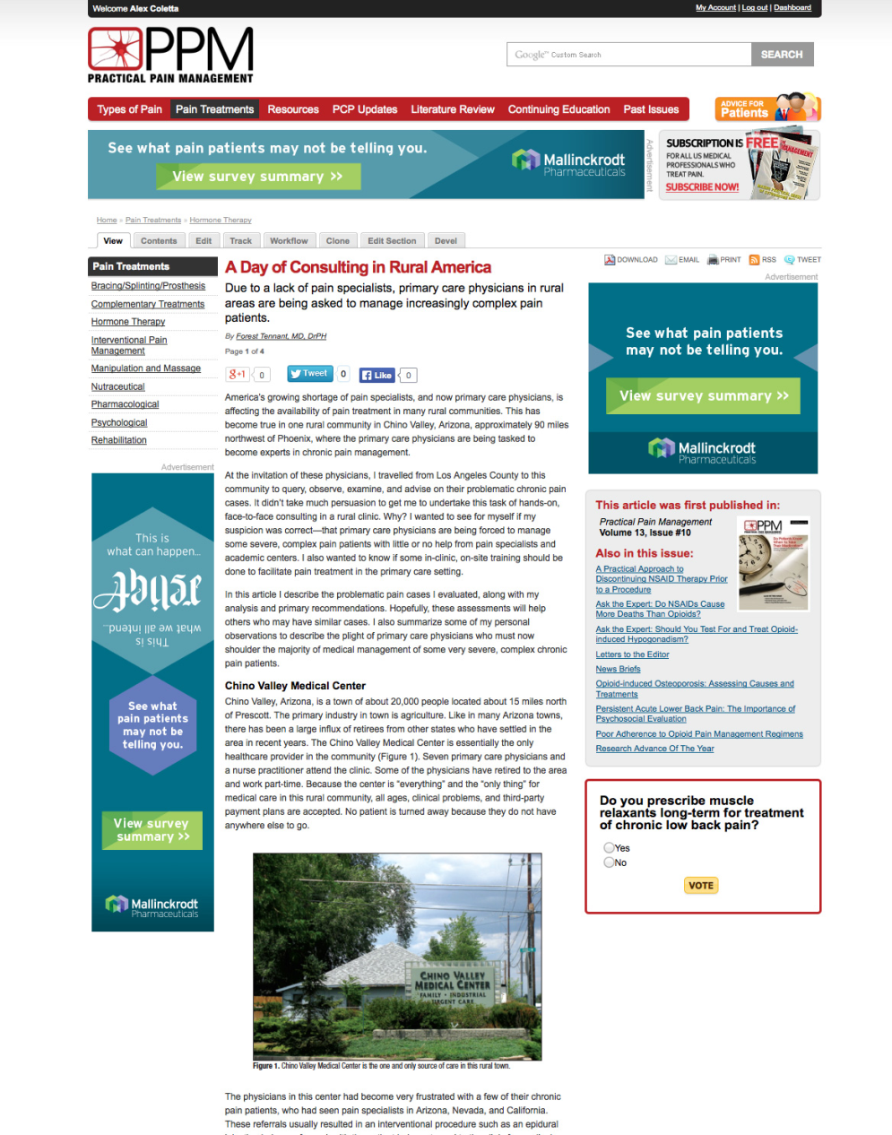 A screenshot of the homepage of the PPM website. The page is divided into two sections. The top section is titled "See what pain patients may not be telling you" and has a blue header with the company's logo and contact information. Below the header there is a section titled "A Day of Consulting in Rural America" with a photo of a rural area. <br /><br />On the left side of the page there are three sections with information about the survey summary. The first section has a title that reads "A day of consulting in rural America" and a brief description of the survey. The second section has an image of a house with a blue sky and trees in the background. The third section has information about a survey summary and a list of questions and answers.<br /><br />At the bottom right corner of the image there has a button that says "Do you describe muscle pain treatment?"