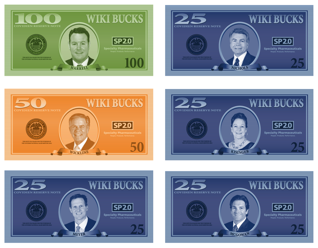 A set of six pretend banknotes each labeled Wiki Bucks. Each of the banknotes has a headshot of a different person at the center labeled with what is presumably their last name. A green banknote has the value "100" and shows the headshot of man Harrell. An orange banknote has the value "50" and shows a headshot of a different man Wickline. Four banknotes are blue and have the value "25". They show the headshots of three men and a woman named Meyer Nichols Kisinger and McGowan.